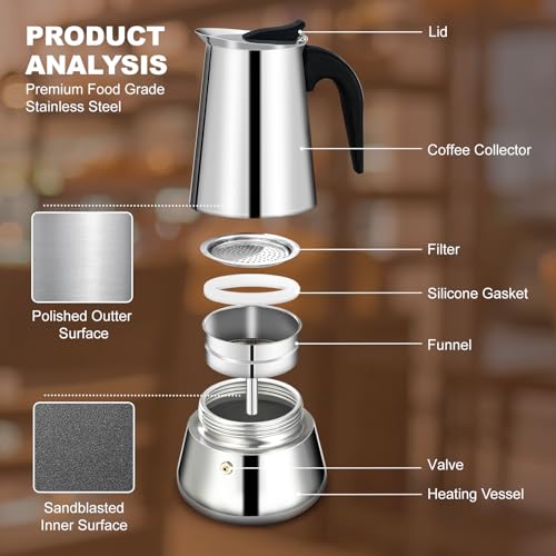 2 Cup Stovetop Espresso Maker Stainless Steel Moka Pot Stove Top Percolator Italian Coffee Makers Capable Mocha Greca Machine Cafe Classic Induction Cookers for Home and Camping 100ml 3.3oz Silver 2 Cup