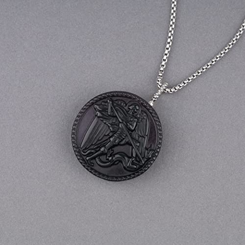 COAI Religious Jewelry St. Michael Necklace Black Obsidian Necklace for Men 22"(55cm)