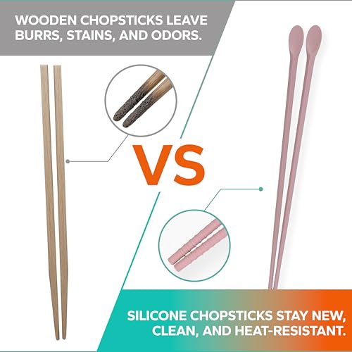Long Silicone Cooking Chopsticks 12 Inch, 3 Pairs Pink Green Grey 3 Color Set