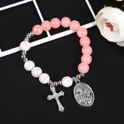 GALPADA Glass Cross Bracelet for Women with Rosary Beads, Elastic Alloy Strand with Excellent Luster and Smooth Surface, Not Easy to Break, Gift for Mother's Day and Anniversaries