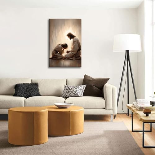 Framed Jesus Comforting Woman Canvas Print Wall Art Religious Canvas Print, Inspirational Christian Picture Spiritual Poster, Home Church Office Living Room Decor Ready to Hang 12x16 Inch Jesus heals 12x16in