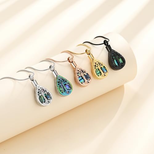 Cremation Jewelry Tree of Life Teardrop Urn Necklace for Human Ashes for Women Men Abalone Shell Memorial Ashes Keepsake Pendant Black