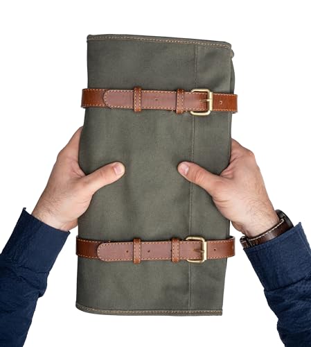 Angus Stoke XXL knife bag with 16 slots & plenty of space - multifunctional bag & tool bag made of canvas & leather - knives roll bag for chefs Marc (Olive-green) Olive-green