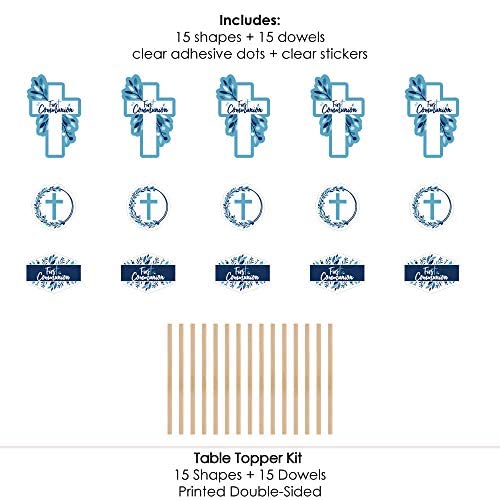 First Communion Blue Elegant Cross Centerpieces - Table Toppers - 15pc