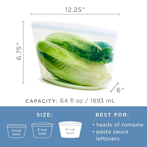 Clear Stasher reusable silicone food storage bowl with 8-cup capacity, leak-proof design ideal for storing food securely.
