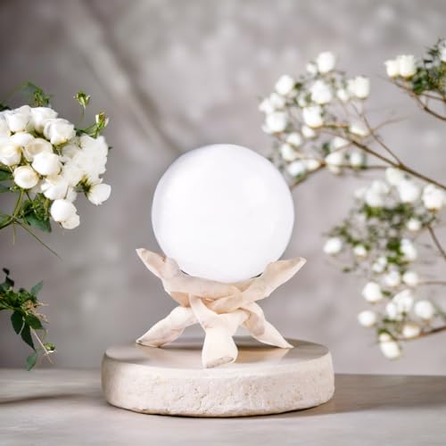 Wish Well Large Selenite Crystal Sphere with Natural Wooden Stand