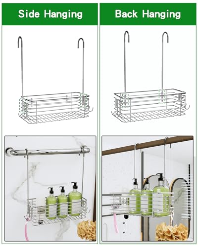 Stainless steel over door shower caddy with hanging hooks and single-layer storage basket for shampoo and bathroom organization.