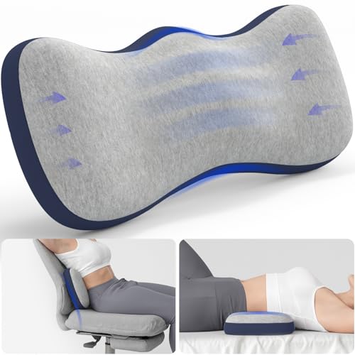 Lumbar Support Pillow for Bed, Memory Foam Pillows for Back Pain Relief, Lower Back Pain Relief Pillow for Sleeping, Adjustable Lumbar Pillow for Sleeping, Bed, Car, Couch (Grey - Navy Blue) Grey - Navy Blue