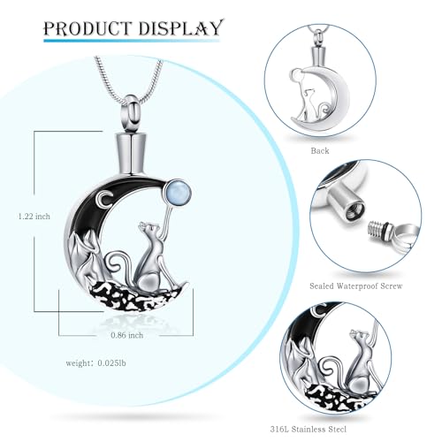 Hearbeingt Moon Cat Urn Necklaces for Ashes Pet Cremation Jewelry Silver