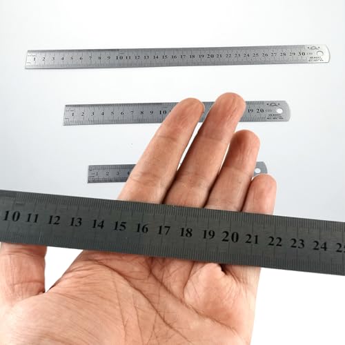 Set of 3 Stainless Steel Rulers, Metal Ruler Set 15/20/30 cm, Steel Ruler Double Sided Scale Edge Centimeter & Inch Steel Ruler Measuring Tool Precision Ruler for Engineering Teaching Office Office School silver