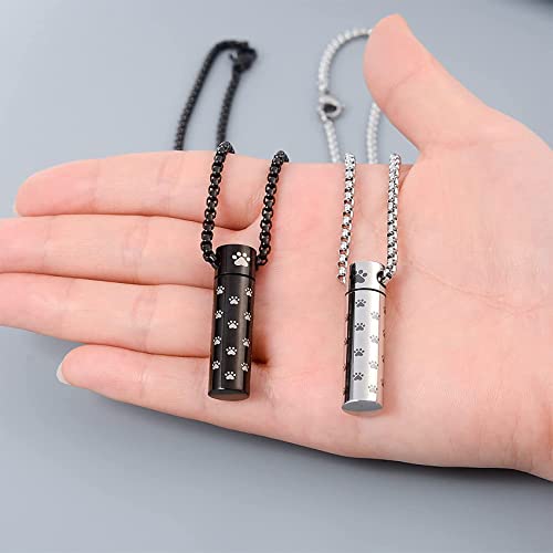 MOROTOLE Dog Urn Necklaces For Ashes Paw Print Ashes Urn Pendant Necklace Cylinder Cremation Necklace For Pet Ashes Urn Necklace For Puppy Pet Memorial Keepsake Jewelry Set-blacksilver