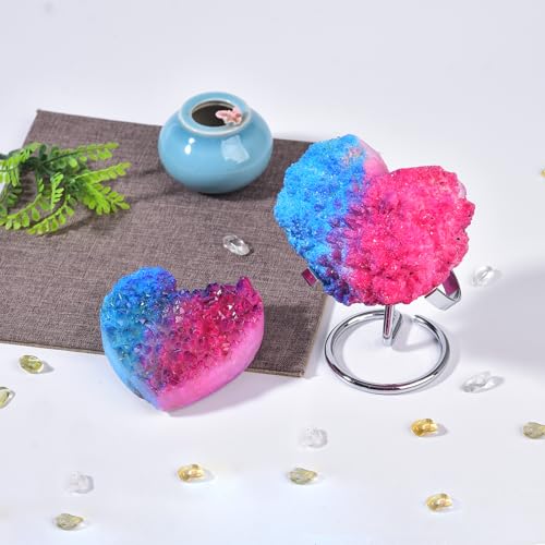 JIC Gem Red Blue Titanium Coated Large Heart Crystal Cluster Geode Healing Crystals Heart Shaped Rocks with Crystal Display Stand Home Decor Reiki Meditation 3.14-3.54 inch Bluepink