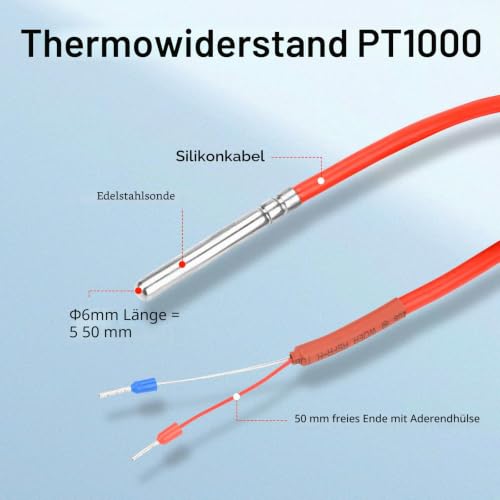 Aideepen PT1000 Temperature Sensor, 1 Piece 2 Metre Silicone Cable Digital Waterproof Temperature Sensor with Stainless Steel Probe, Temperature Measuring Range -50°C ~ 180°C 1 x 2 m