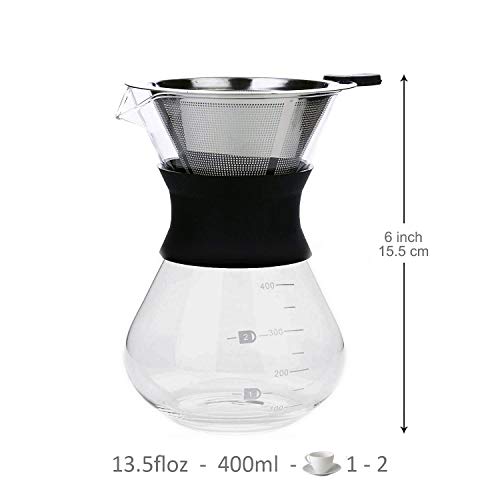 Boxtree Pour Over Coffee Maker Set with Reusable Stainless Steel Drip Filter Elegant Coffee Dripper Pot Glass Carafe & Permanent Stainless Steel Filter