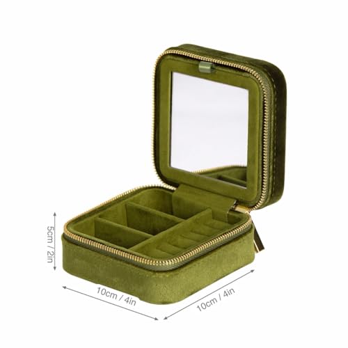Velvet Jewelry Box, Small Travel Jewelry Organizer, Portable Jewelry Case for Women with Mirror, Green Mini Plush Travel Box