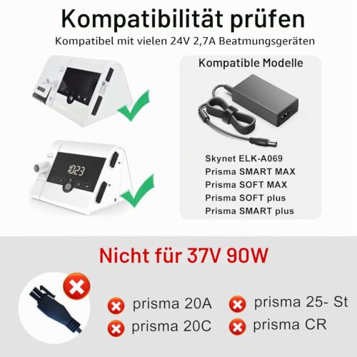 KFD Power Supply 24 V 2.7 A Charger for Löwenstein Prism Smart Plus/Max Prism Soft Plus/Max Medical Skynet ELK-A069 CPAP Sleep Apnea Device Weinmann WM 24480 60 W Adapter (Does Not Fit 37 V 90 W wm 29657)