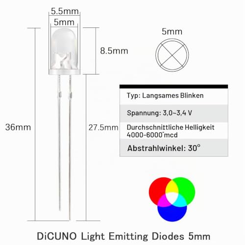 DiCuno 5 mm RGB LED Diodes, 20 mA, 3.0-3.4 V, Slow Flashing, Pack of 100 | Light-emitting diodes, for DIY, lighting projects, crafts, model making, model railways, miniatures, decoration, electronics projects, and DIY projects