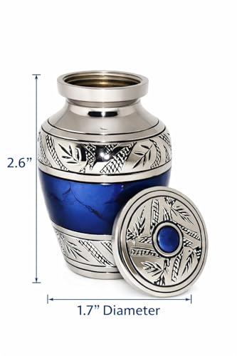 Classic Small Mini Cremation Keepsake Urn for Human Ashes – with Box and Velvet Box - 2.6 inch - Blue Fire Design - Made of Brass