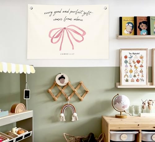 Christian Wall Decor Bible Verse Canvas Banner Pink Bow Wall Art James 1:17 (Cream color2)