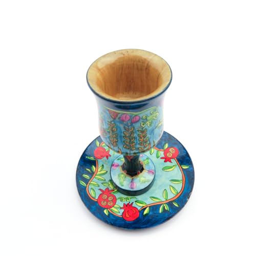 Yair Emanuel | Large Wooden Kiddush Cup and Saucer Set | 7 Species Design | CU-3