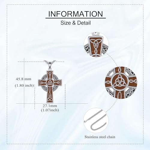DAYLINLOVE Celtic Cross Necklace 925 Sterling Silver Wood Cross Pendant Necklace Celtic Viking Irish Jewelry Religious Protective Gift for Men Women