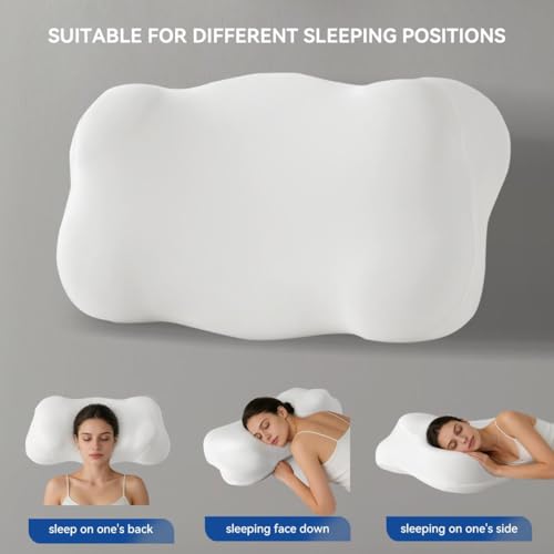 Ergonomic Cervical Neck Pillow for Sleeping, Memory Foam Contour Pillow for Side Back Sleepers, Cloud Shape Neck Support Pillow with Washable Cover (White) White