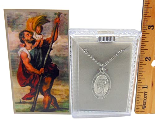 St Christopher Pewter Medal Steel Chain USA Made with Holy Card &Gift Box