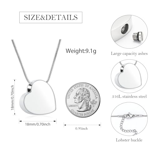 Heart Urn Necklaces for Ashes Cremation Memorial Jewelry for Human Pets Loved Ones Ashes 361L Stainless Steel Pendant Lockets Keepsake Necklace with Fill Tool & Gift Box Silver