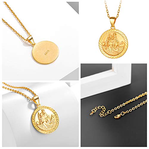 St Christopher Necklace for Women, 925 Sterling Silver Coin Pendant with Adjustable Chain 46cm Plus 5cm Gold