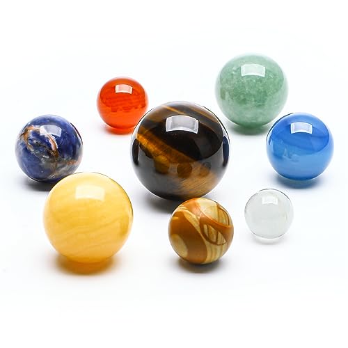 7 Chakra Natural Healing Spheres with LED Wooden Stand and Natural Gemstones Solar System Model Multicolor Space Decor 8 Plantes Model