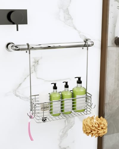 Stainless steel over door shower caddy with hanging hooks and storage basket, ideal for organizing shampoo and bath essentials.