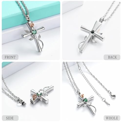 Cross Urn Necklace for Ashes Birthstone Rose Flower Cremation Jewelry for Women Gilrs Keepsake Memorial Ashes Pendant Silver-Green