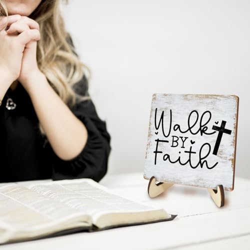 Motivational Sign Rustic Desk Decor Decorative Christian Gifts Religious Bible Verse Faith Decoration for Home Coffee Shop Office Table Shelf Tiered Tray Plaque with Wood Stand multicolour0339