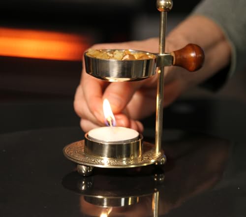 Resin Incense Burner – Dual Use Tea Light or Charcoal Heated | Adjustable Brass Design for Frankincense, Myrrh & Copal | Spiritual Gift for Home Fragrance Brass Burner Candle Heated
