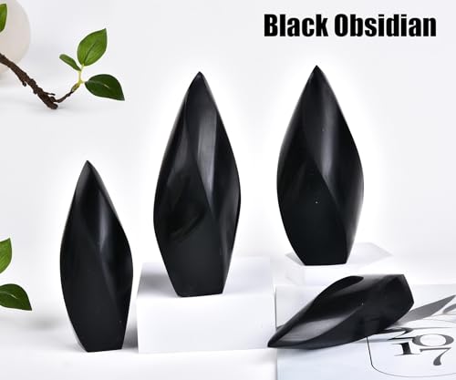 JIC Gem Black Obsidian Spiral 4 Sides Crystal Obelisk Tower 1.1-1.7 Lbs