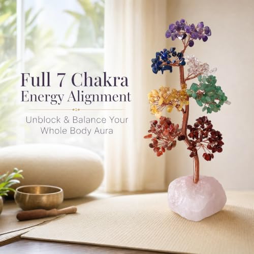 Natural 7 Chakra Crystal Money Tree with Raw Rose Quartz Base Multicolor