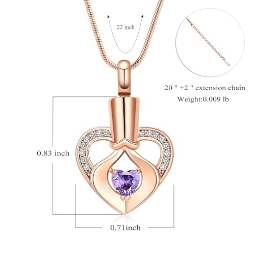 Birthstone Heart Urn Necklace for Ashes Keepsake Memorial Lover Cremation Jewellery for Women Mother Girls Pink-purple