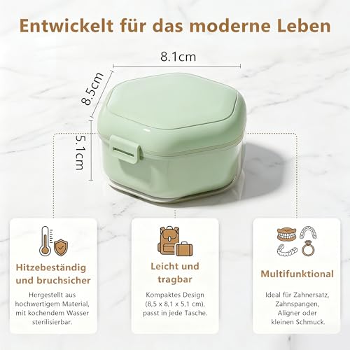 Braces Box with Strainer and Mirror, Portable Denture Box, Tooth Splint Box, Leak-Proof Dentures Container for Aligners, Retainers and Mouth Guards, BPA-Free (Light Green) light green