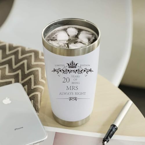 Set of 2 Wedding Engagement Marriage 20th Anniversary Cups Gifts for Couples 20oz Stainless Steel Wine Tumbler Glass 20 Years of Being Mr Right & Mrs Always Right (20th)