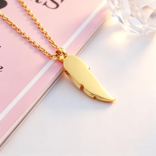 SIYUU Feather Urn Necklace Hold Cremation Ashes Keepsake Memorial Jewelry Stainless Steel Personalized Funeral Jewelry for Women Men Gold