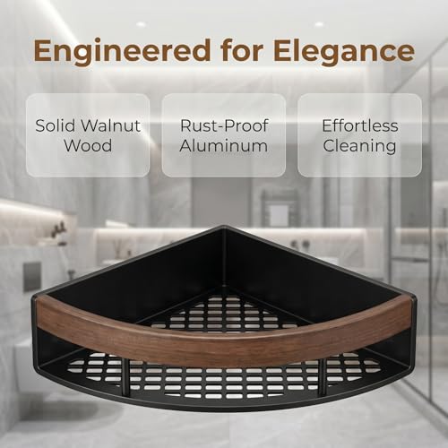 2-Pack Corner Shower Caddy with Walnut Wooden Shelf, Wall Mounted Bathroom Organizer, Matte Black Aluminum Alloy Storage Rack for Toilet, Dorm and Kitchen