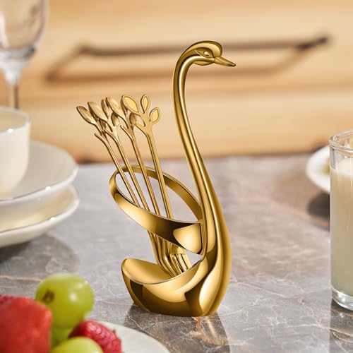 AnSaw Gold Swan Base Holder Set with 10-pcs Mini Leaf Dessert Forks-4.7"