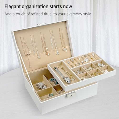 Double Layer Jewelry Box, PU Leather Jewelry Organizer with Lock, Large Capacity for Earrings, Necklaces, Bracelets, Unique Printed Design,Great Gift (Flower) Flower