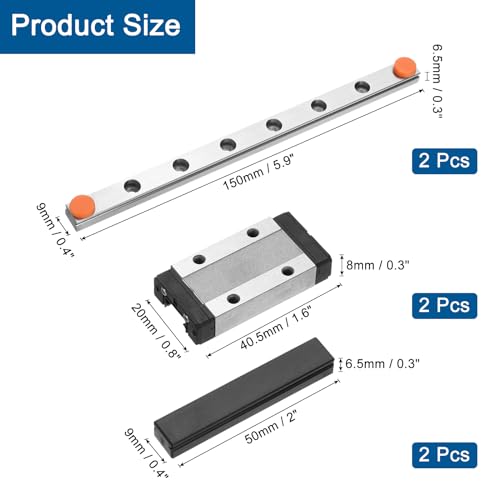 sourcing map 2pcs MGN9 150mm Linear Guide Rail with 2pcs MGN9H Sliding Carriage Block Bearing Steel and 2pcs Plastic Mini MGN12 Linear Guide for DIY 3D Printers and CNC Machine, Silver