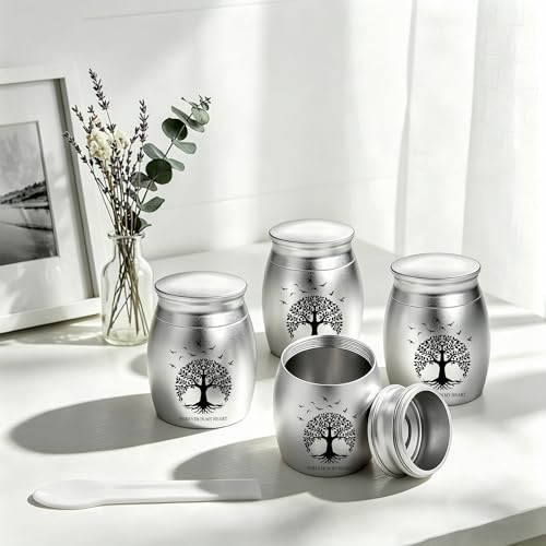 Gredstar Small Urns for Ashes, Set of 4 Mini Cremation Containers for Pet and Human Ashes, Memorial Gifts for Loved Ones (Silve, Tree of Life Memorial) Silve