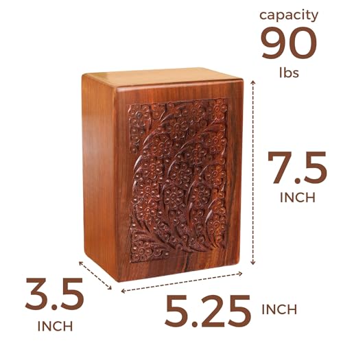 Hashcart Carved Floral Wooden Cremation Urn, Ashes 90 Lbs