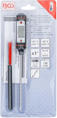 BGS Digital Thermometer with Stainless Steel Probe, Pack of 1, 8714 | Probe length: 125 mm, 0.1 °C steps, °C/°F switchable, switch-off after 15 minutes, measuring tip protection with pocket clip