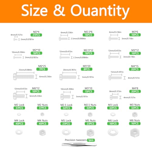 AvrestYPT nylon hex head screws, bolts, nuts and washers assortment set in M2–M6 sizes
