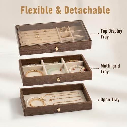3 - Layer Wooden Drawers Jewelry Box for Women, Jewelry Organizer with Acrylic Cover & Velvet Lining - Adjustable Compartments for Earrings, Rings, Necklaces, Bracelets, Lipstick