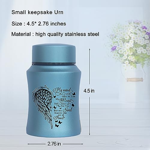 4.5 Inches Small Urn for Human Ashes Stainless Steel Mini Cremation Urn Small Keepsake Urn Heart Wing Pattern Memorial Ashes Container-Blue Wing-Blue